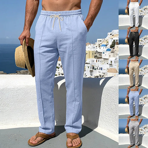 Hampton Linen Drawstring Trousers in light blue